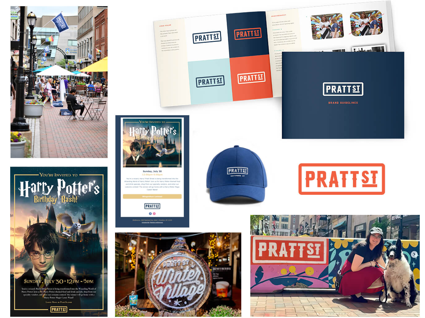 Pratt St logo, brand guidelines, complete property branding, event marketing poster, email and promotional items